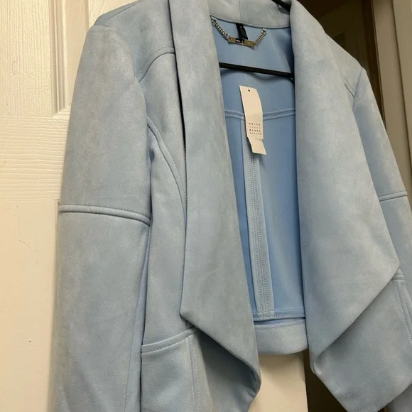 NWT White House Black Market Faux Suede Drape Front Jacket Baby Blue Size M